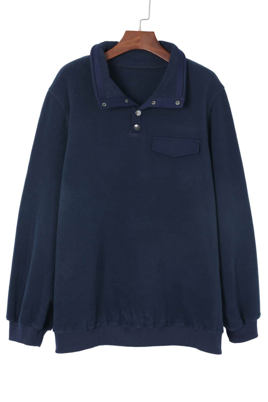 Blue Snap Buttons Pullover Plus Size Fleece Sweatshirt dea