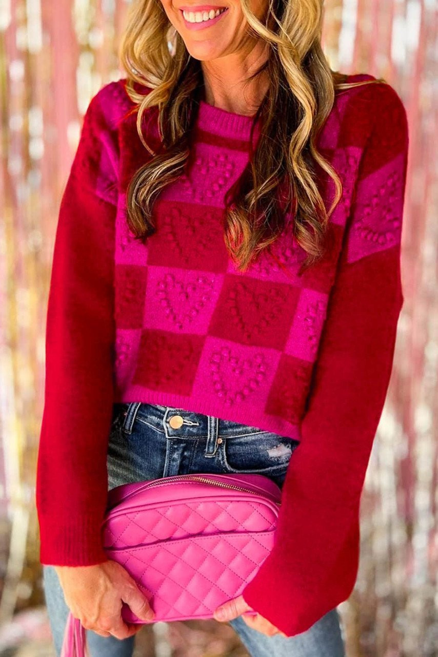 Multicolor Checkered Pattern Heart Detail Textured Sweater Multicolor Checkered Pattern Heart Detail Textured Sweater