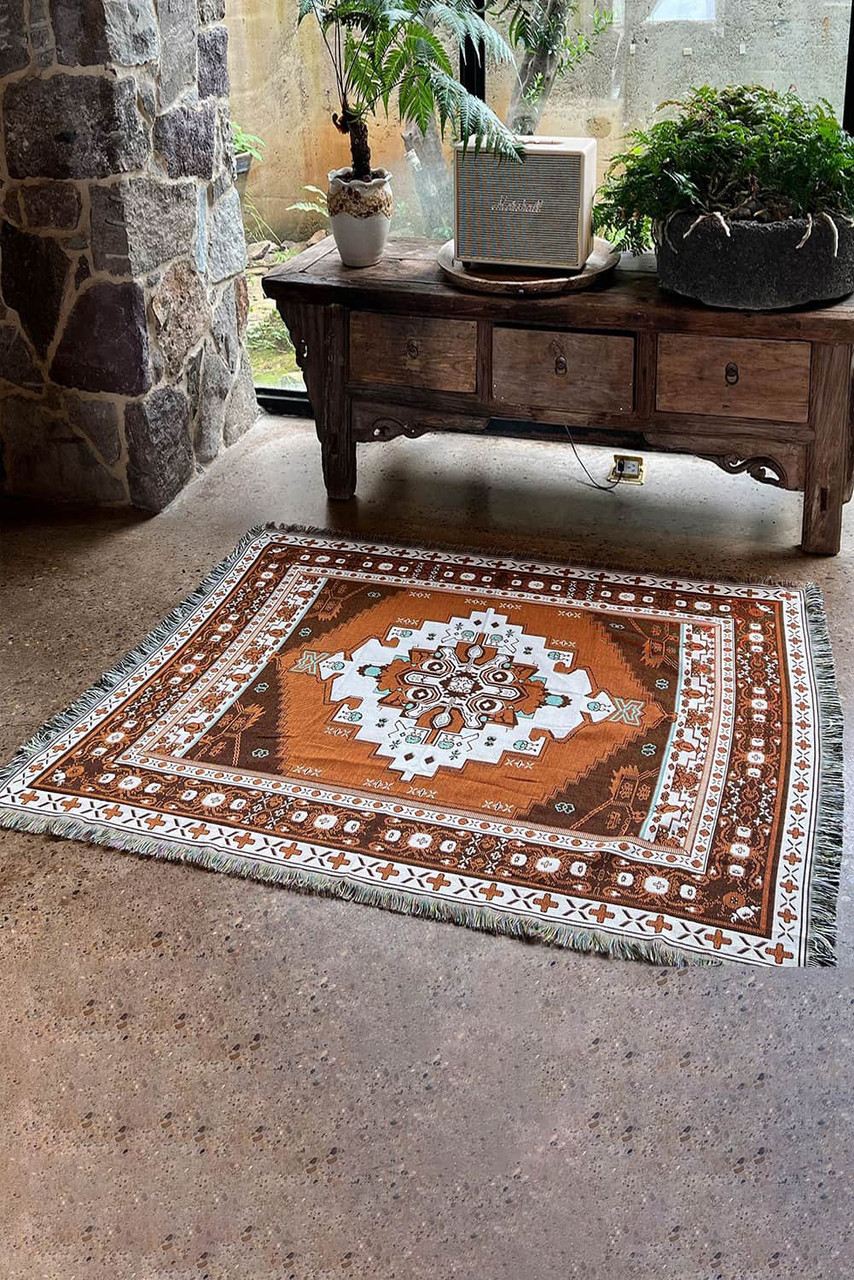 Orange Western Pattern Tasseled Large Blanket