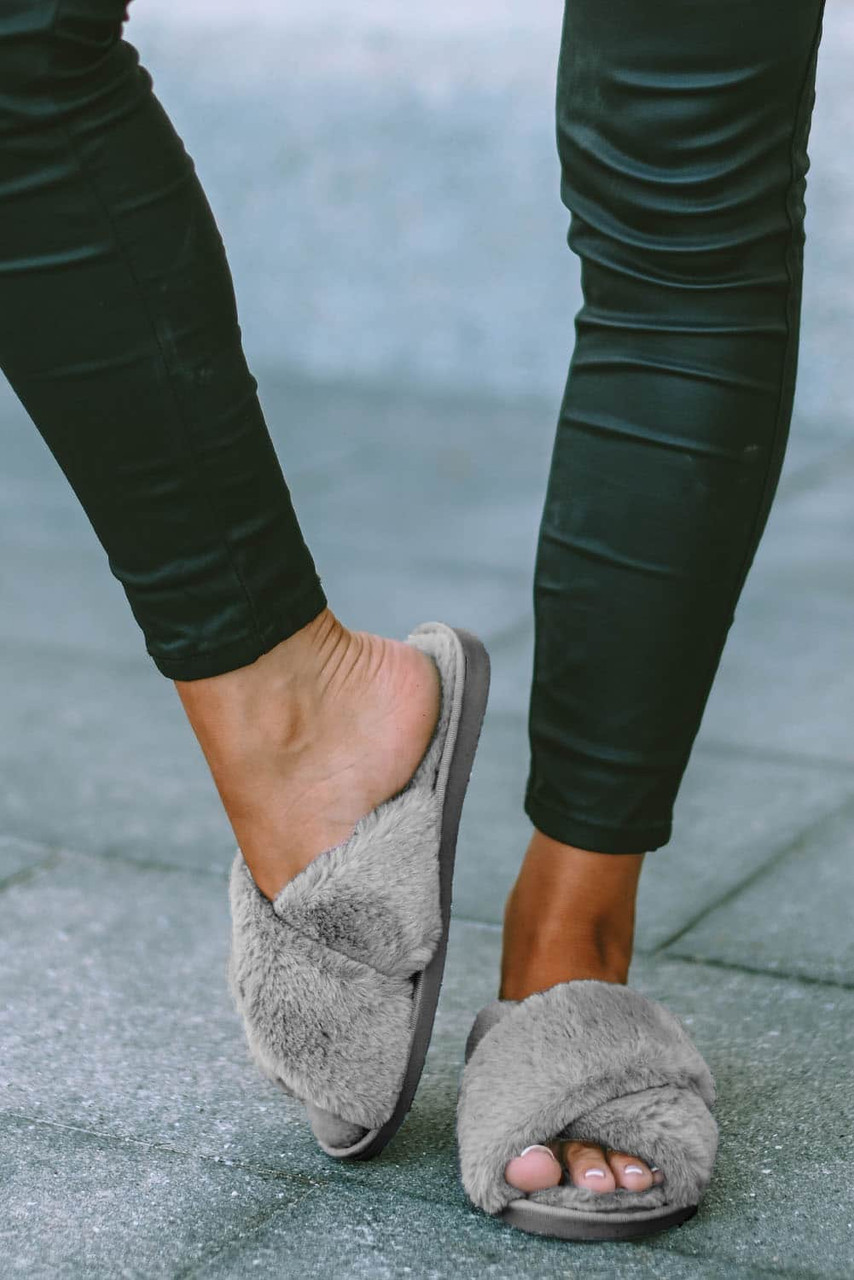 Gray Crossed Straps Winter Furry Slippers