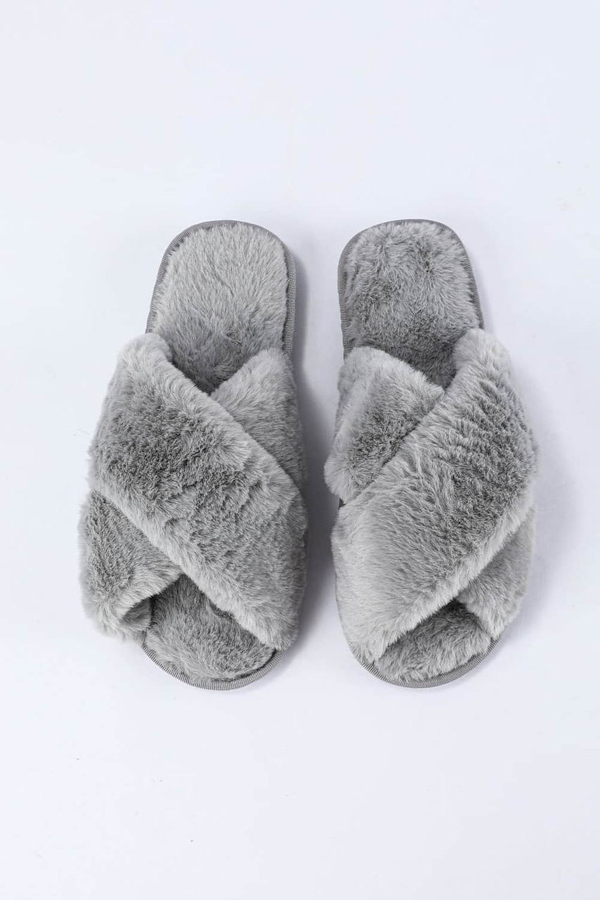 Gray Crossed Straps Winter Furry Slippers