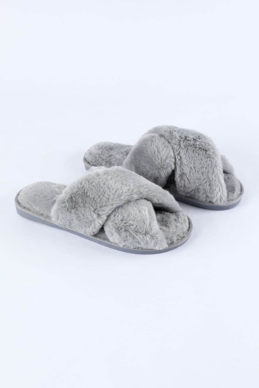 Gray Crossed Straps Winter Furry Slippers