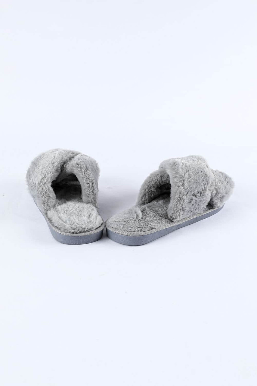 Gray Crossed Straps Winter Furry Slippers