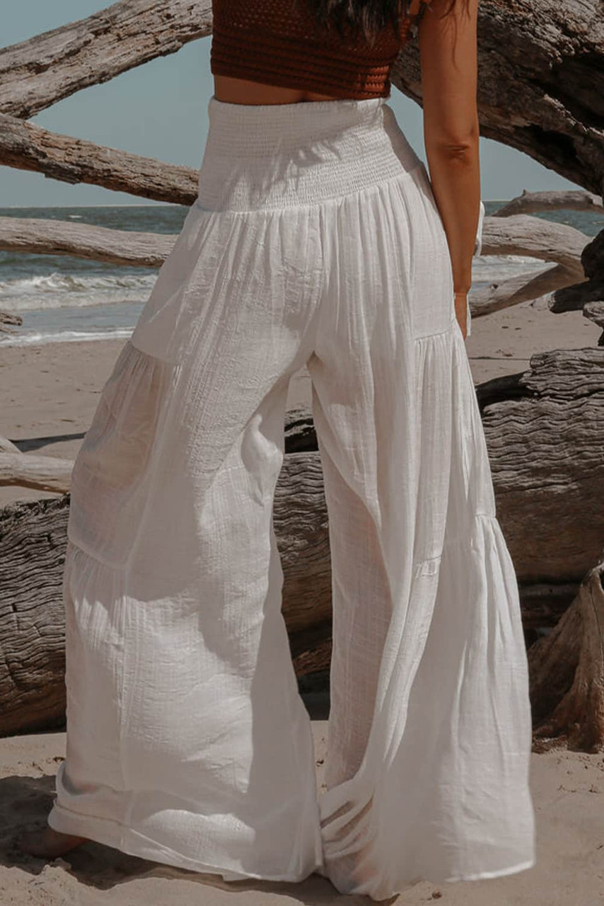 White Smocked High Waist Bohemian Wide Leg Pants