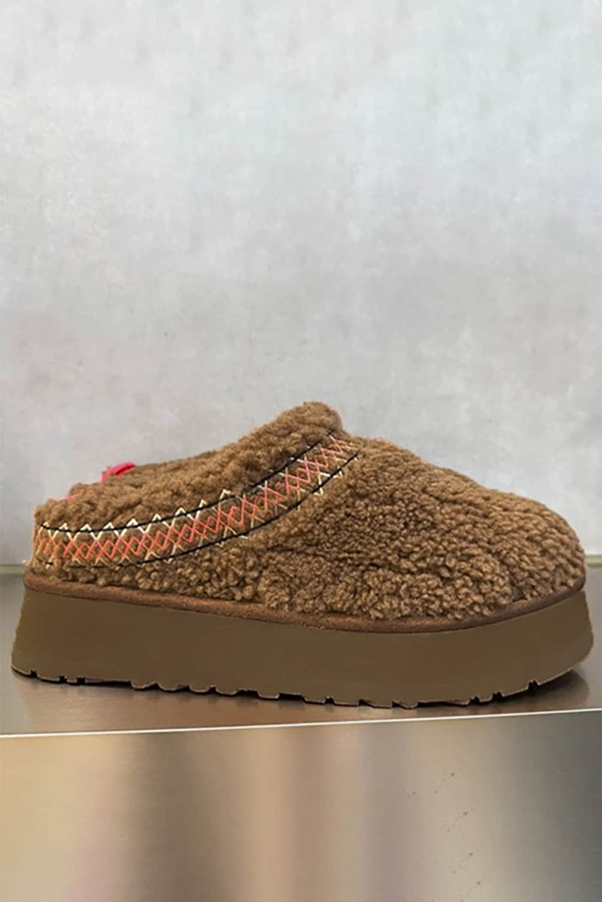 Chestnut Embroidered Sherpa Plush Thick Sole Winter Slippers