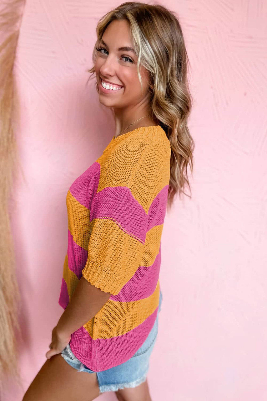 Orange Stripe Color Block Knitted T-shirt Sweater