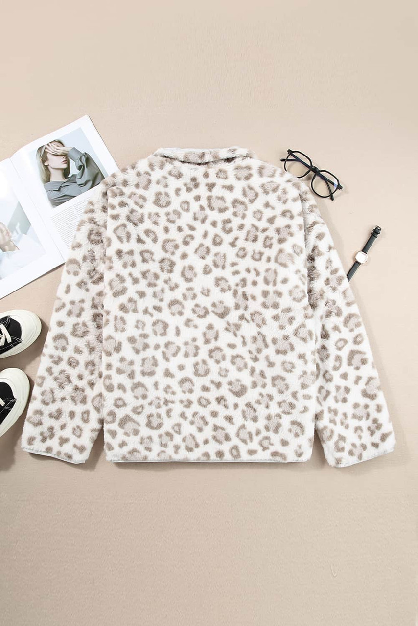 Leopard Fleece Snap Button Pullover Sweatshirt