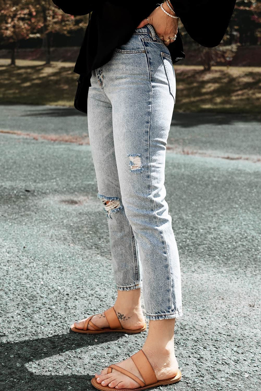 Light Blue Acid Wash Distressed Straight Leg Cropped Jeans