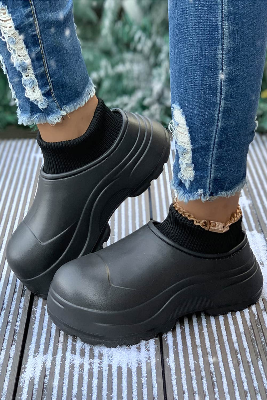 Black Waterproof Thick Sole Ribbed Ankle Shoes