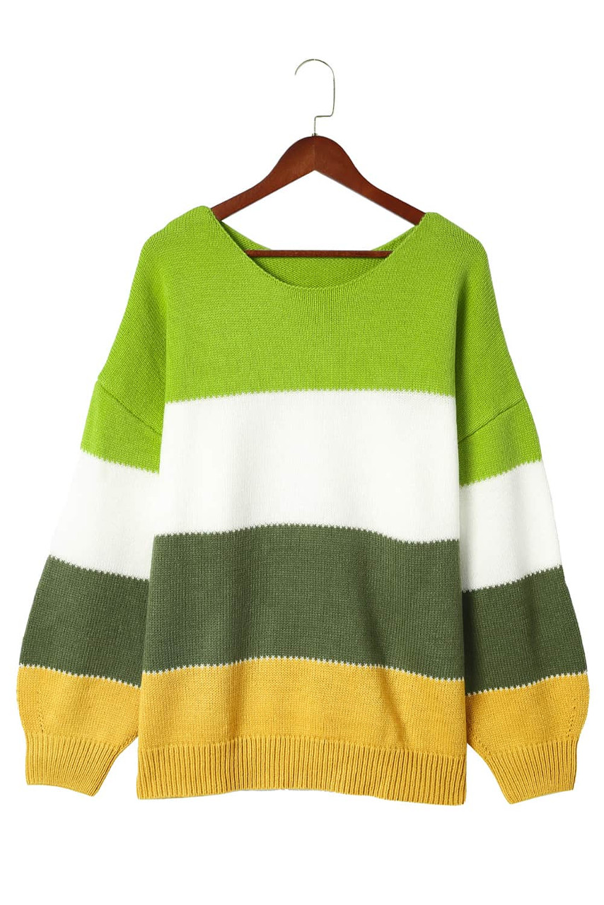 Green Plus Size Color Block Patchwork Sweater