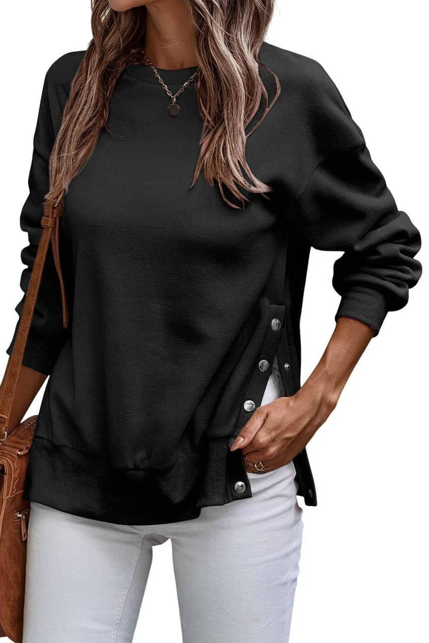Black Snap Buttons Side Splits Pullover Sweatshirt Black Snap Buttons Side Splits Pullover Sweatshirt