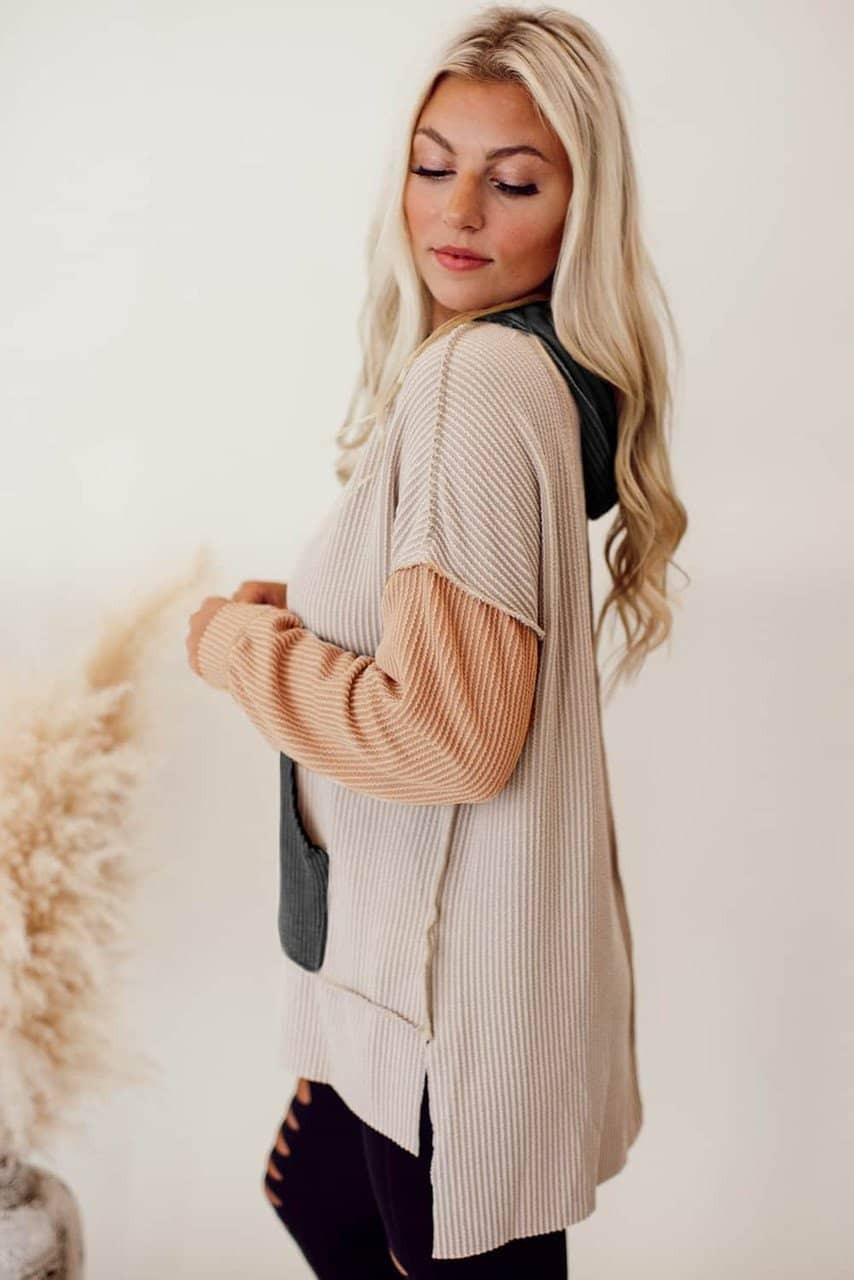 Smoke Gray Color Block High Low Textured Hoodie Smoke Gray Color Block High Low Textured Hoodie
