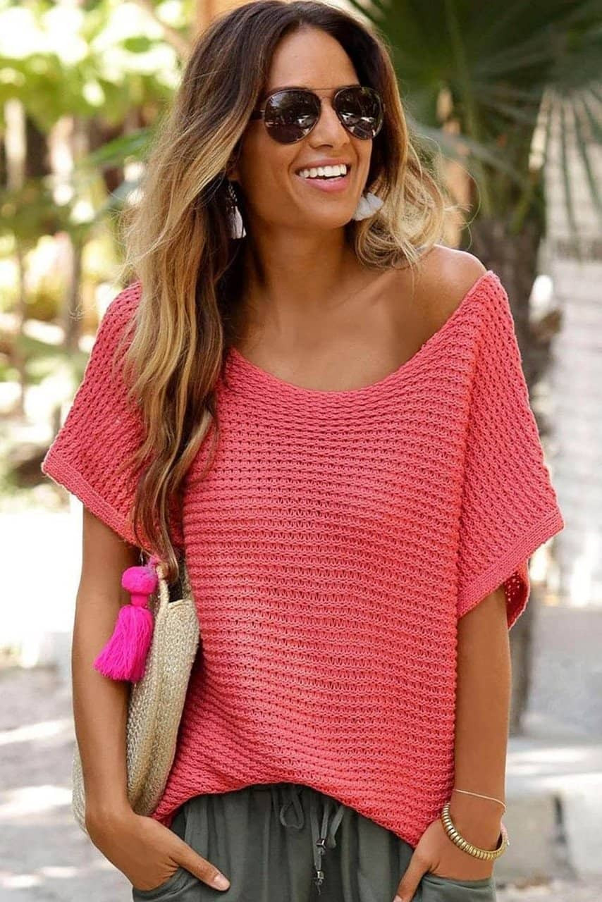 Red Clay Solid Loose Knit Short Dolman Sleeve Sweater Red Clay Solid Loose Knit Short Dolman Sleeve Sweater