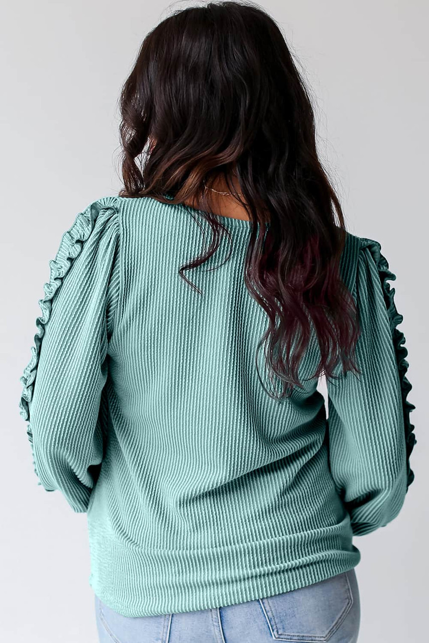 Moonlight Jade Ruffled Sleeve Corded Textured Blouse