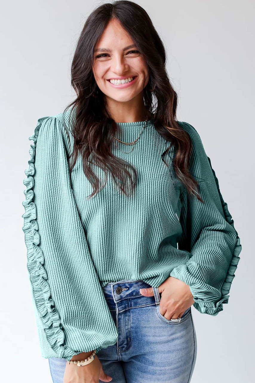 Moonlight Jade Ruffled Sleeve Corded Textured Blouse