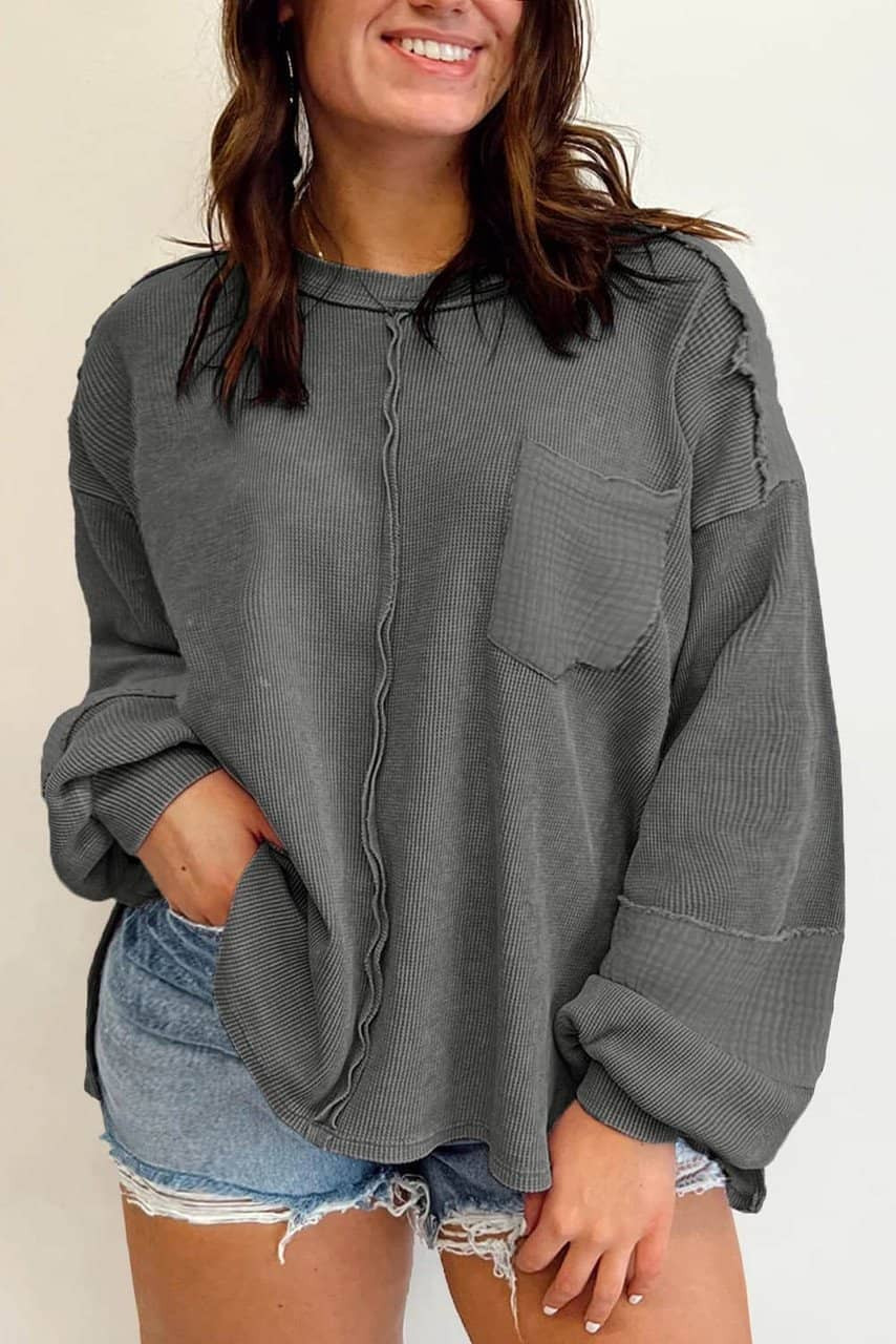 Dark Grey Plus Size Exposed Seam Crinkle Patchwork Top
