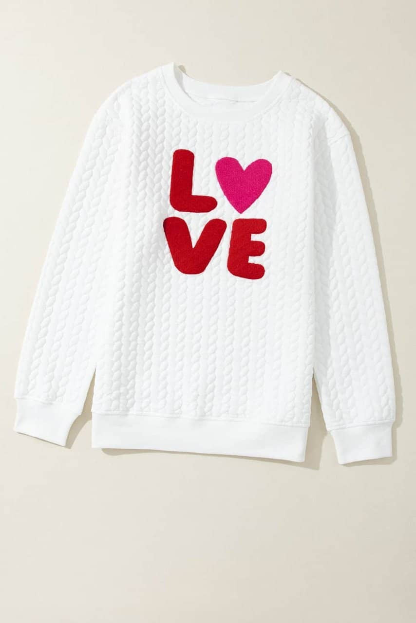 White LOVE Chenille Embroidered Cable Knit Pullover Sweatshirt White LOVE Chenille Embroidered Cable Knit Pullover Sweatshirt
