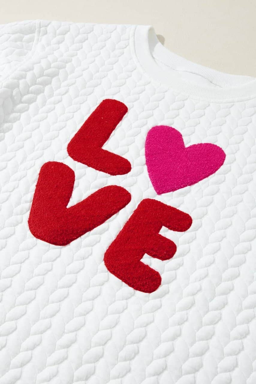 White LOVE Chenille Embroidered Cable Knit Pullover Sweatshirt White LOVE Chenille Embroidered Cable Knit Pullover Sweatshirt