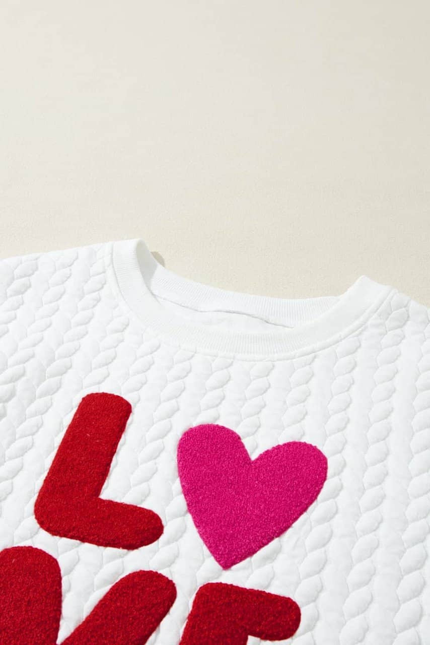 White LOVE Chenille Embroidered Cable Knit Pullover Sweatshirt White LOVE Chenille Embroidered Cable Knit Pullover Sweatshirt
