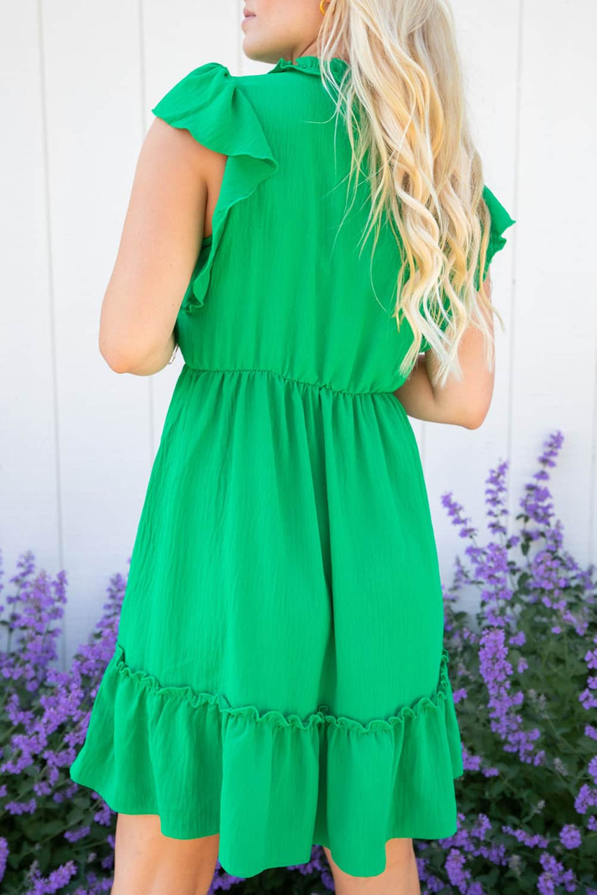 Bright Green Split V Neck Elastic Waist Ruffled Dress