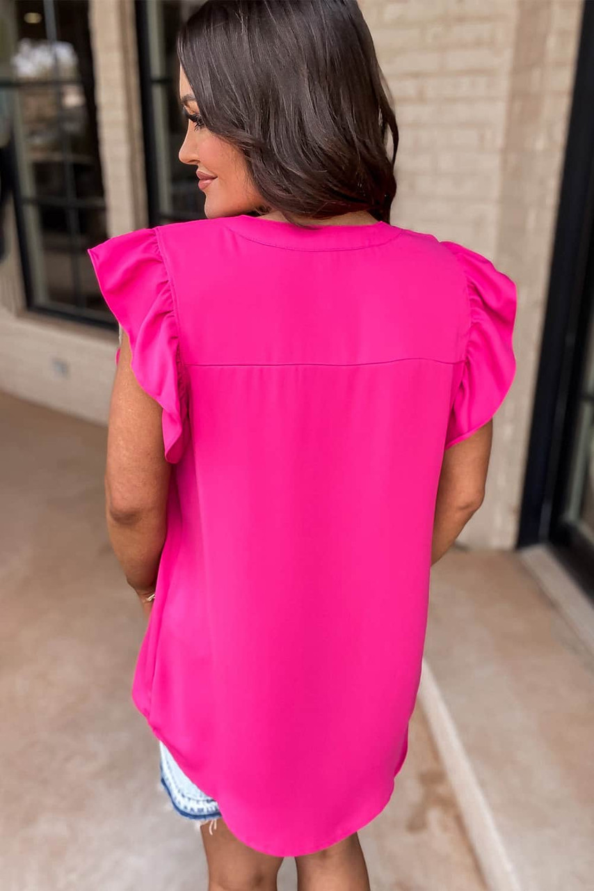 Rose Red Notched Neck Ruffle Sleeve Blouse Rose Red Notched Neck Ruffle Sleeve Blouse
