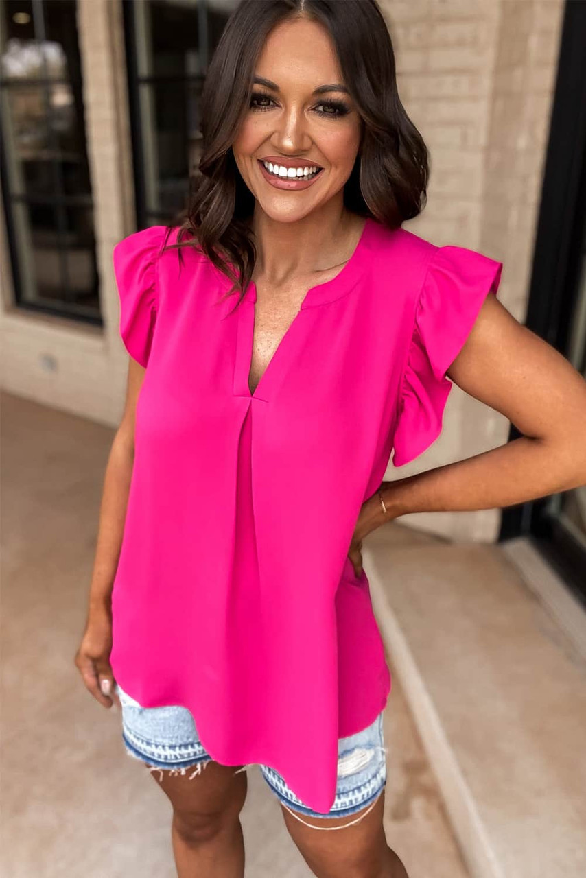 Rose Red Notched Neck Ruffle Sleeve Blouse Rose Red Notched Neck Ruffle Sleeve Blouse