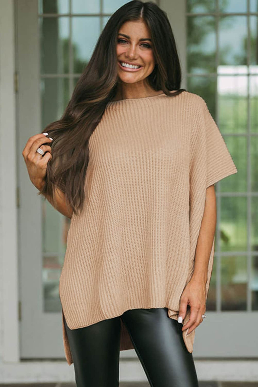 Apricot Short Sleeve Side Slit Oversized Sweater