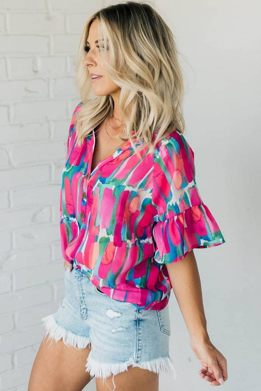 Rose Abstract Brushwork Print Buttoned V Neck Blouse Rose Abstract Brushwork Print Buttoned V Neck Blouse