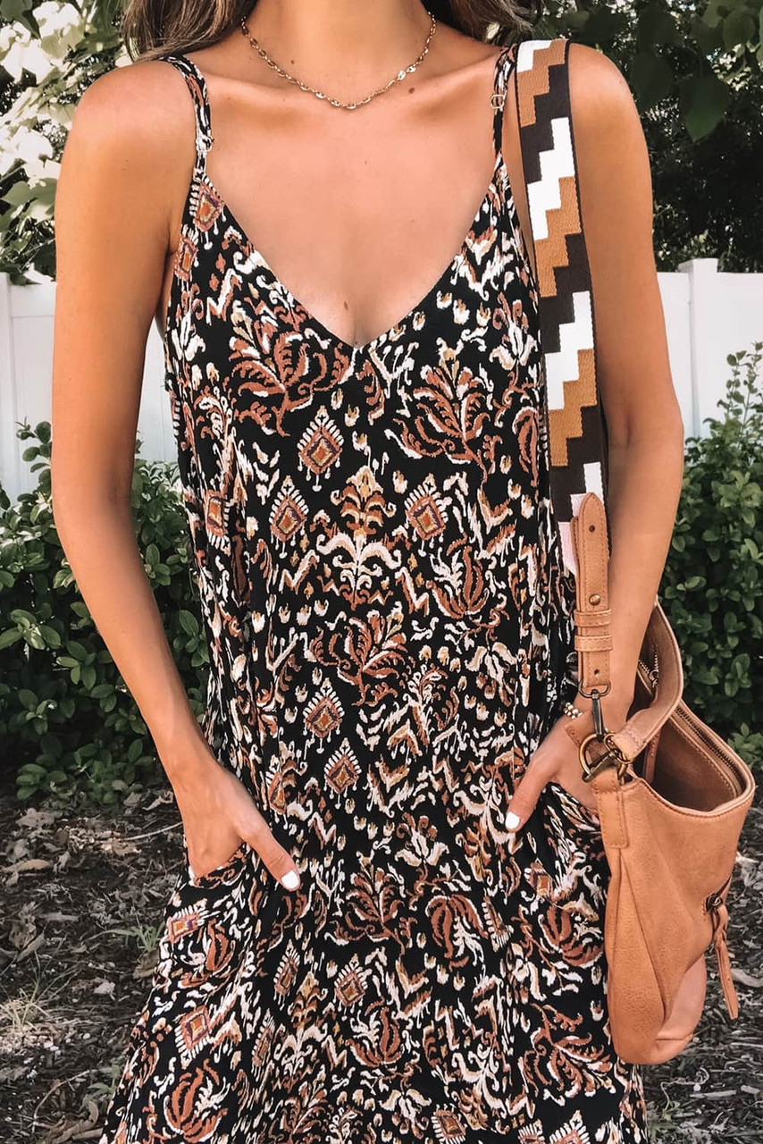 Black Boho Retro Printed Spaghetti Strap V Neck Maxi Dress