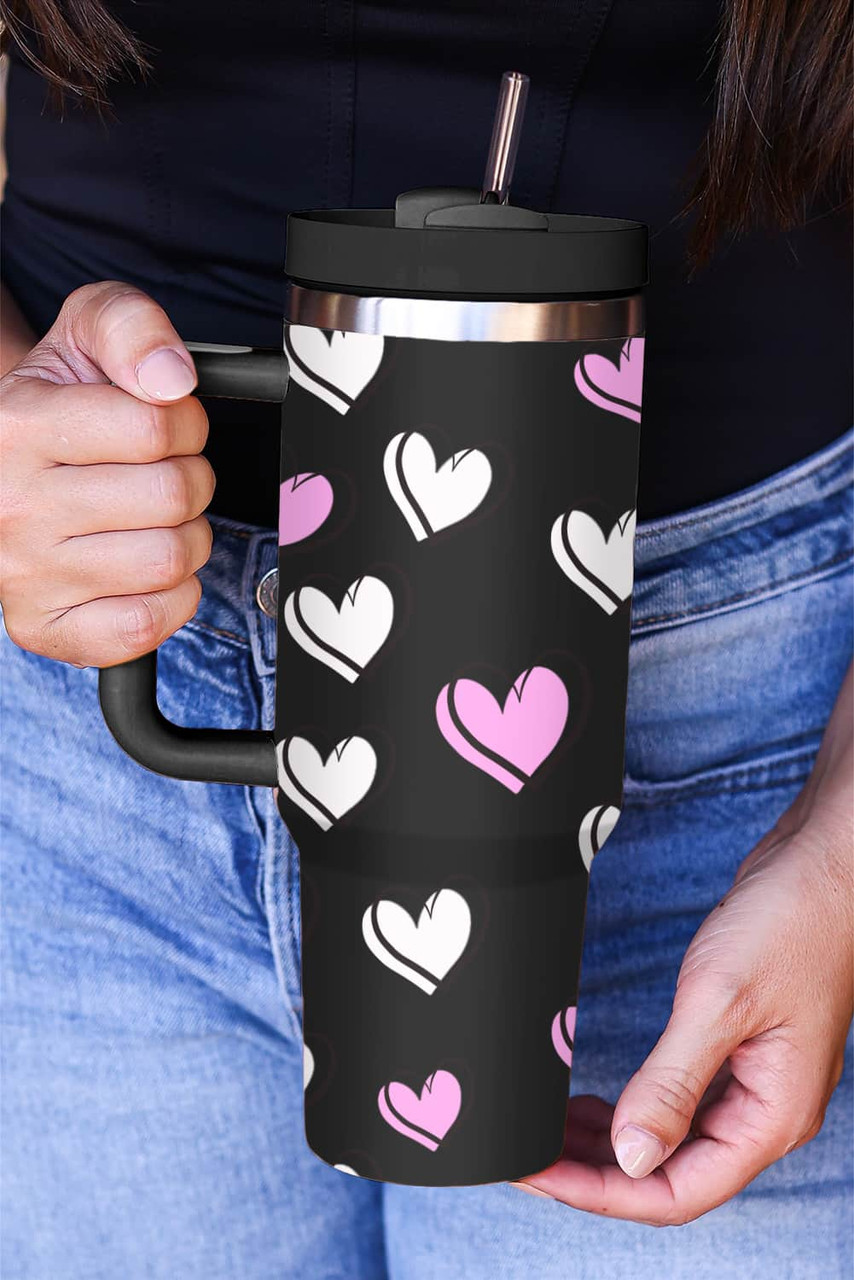 Black Valentines Heart Printed Thermos Cup with Handle