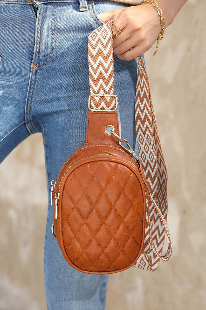 Camel Geometric Strap PU Leather Quilted Chest Bag