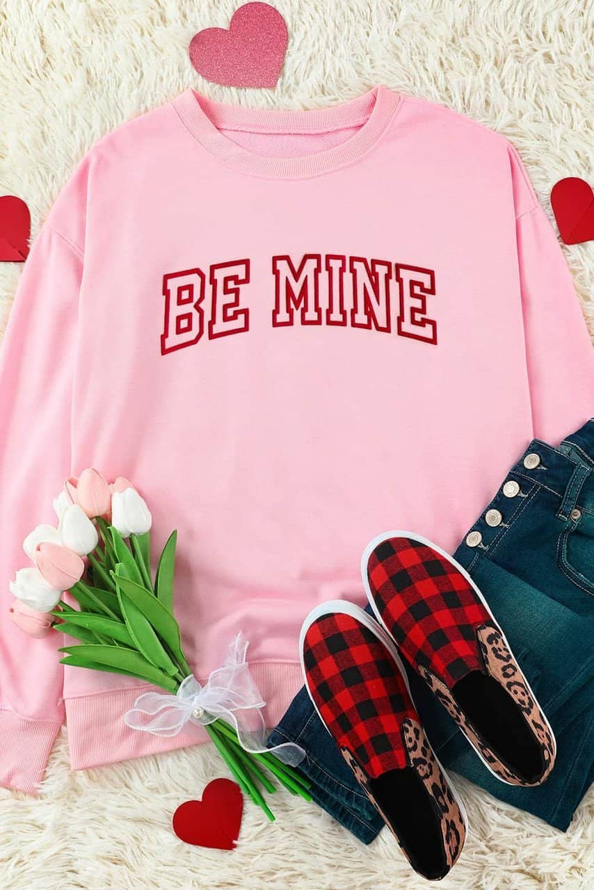 Pink BE MINE Puff Graphic Pullover Sweatshirt Pink BE MINE Puff Graphic Pullover Sweatshirt