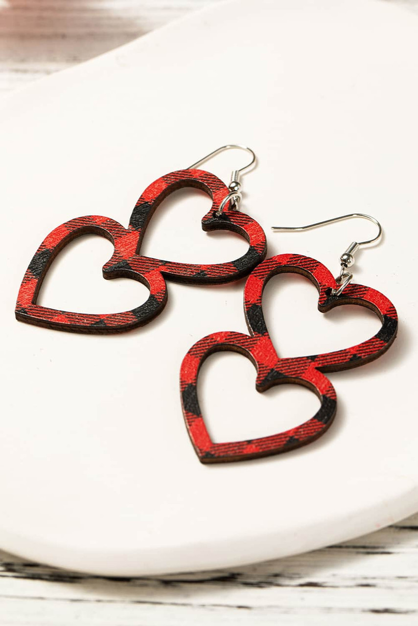 Heiheiup Valentine's Day Red Hollowed Out Hearts Strung Together Earrings  Double Sided Wooden Earrings Valentines Earrings Beaded 