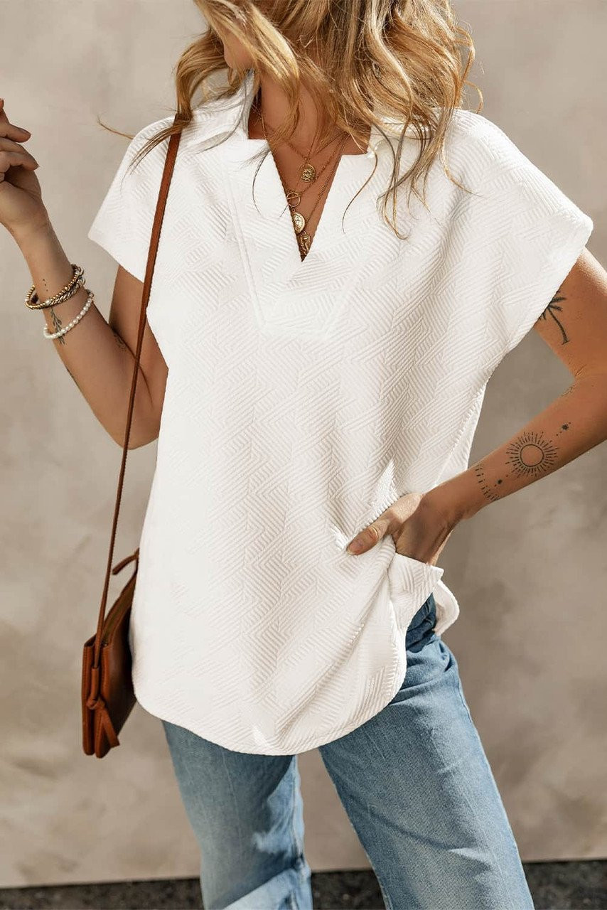 White Textured V Neck Collared Short Sleeve Top White Textured V Neck Collared Short Sleeve Top