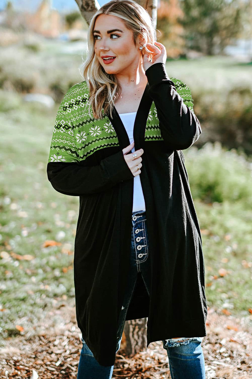 Green Printed Leopard Detail Plus Size Cardigan