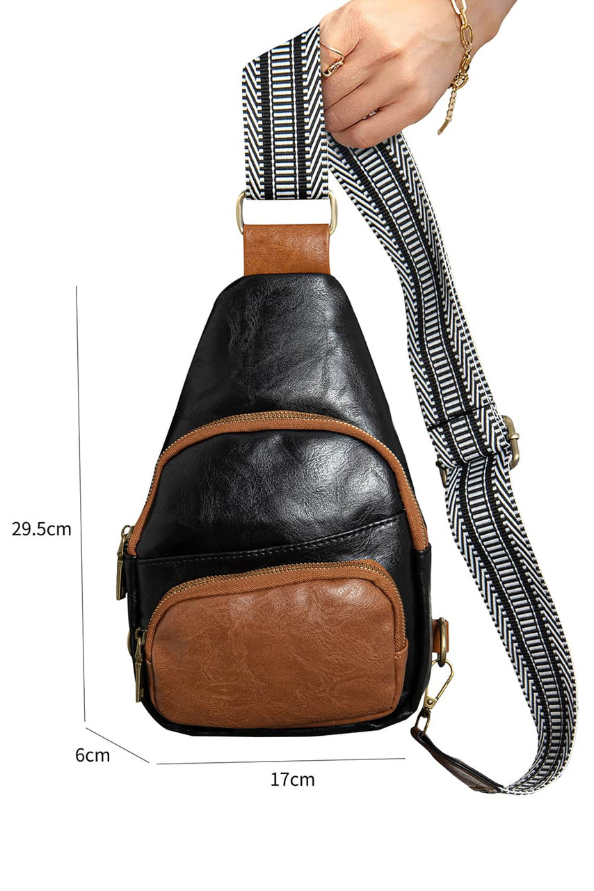 Black Contrast PU Leather Patchwork Crossbody Bag