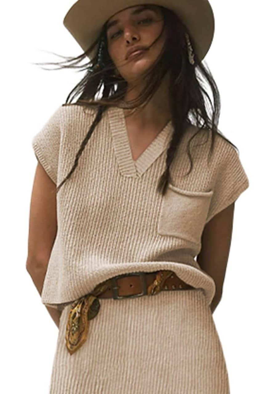 Apricot Chest Pocket V Neck Ribbed Cap Sleeve Sweater Apricot Chest Pocket V Neck Ribbed Cap Sleeve Sweater