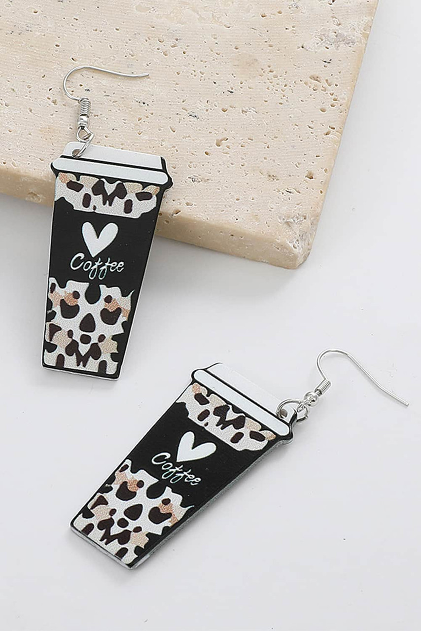 Black Leopard Coffee Print Beverage Cup Shape Earrings