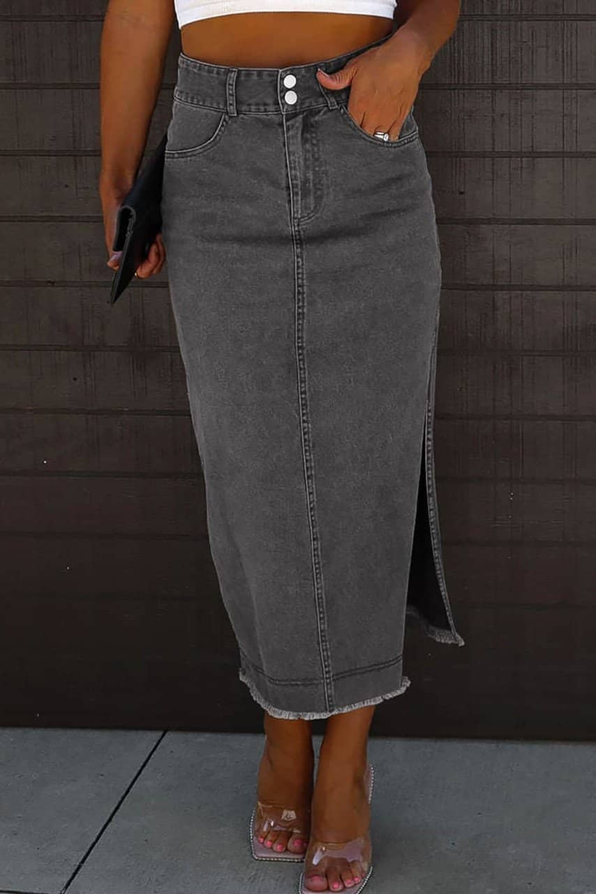 Black Raw Edge Side Slits Buttoned Midi Denim Skirt Black Raw Edge Side Slits Buttoned Midi Denim Skirt