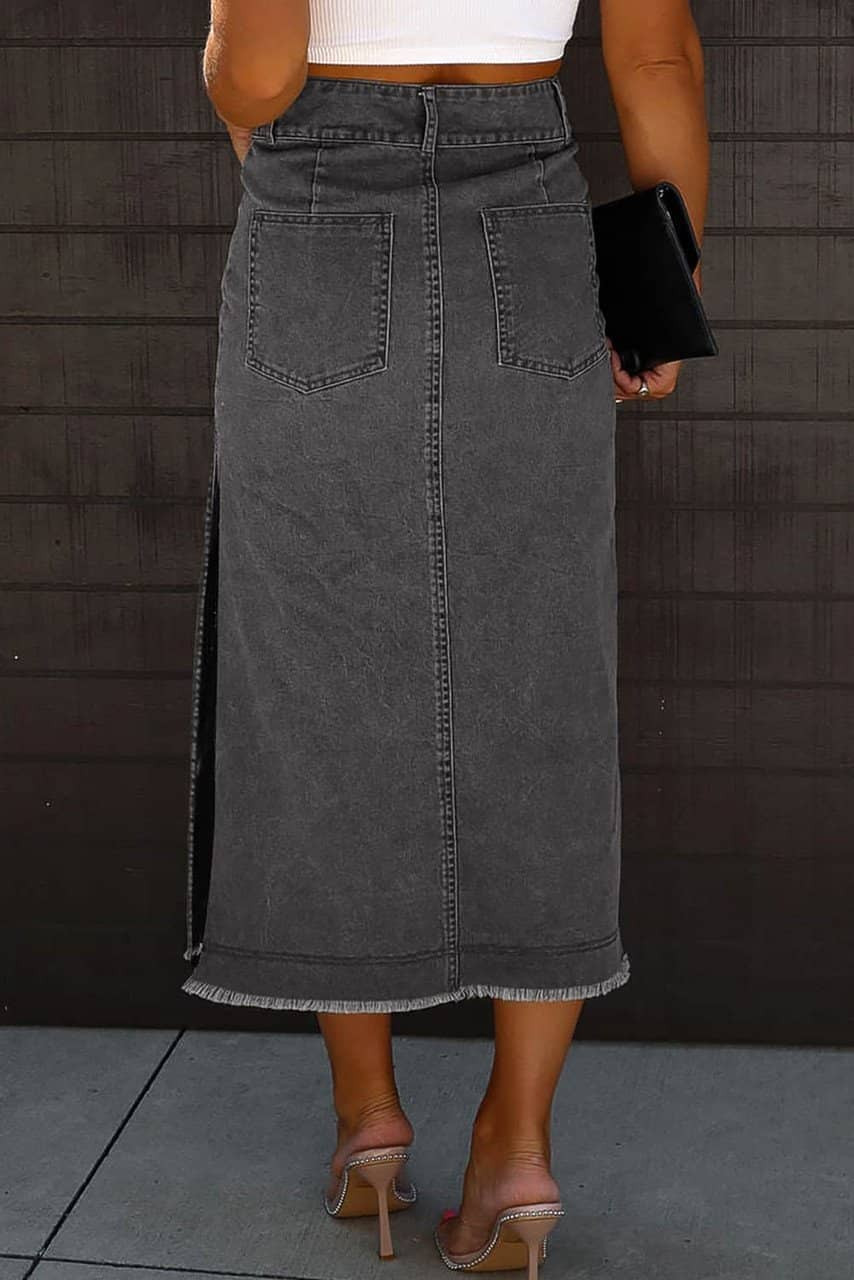 Black Raw Edge Side Slits Buttoned Midi Denim Skirt Black Raw Edge Side Slits Buttoned Midi Denim Skirt
