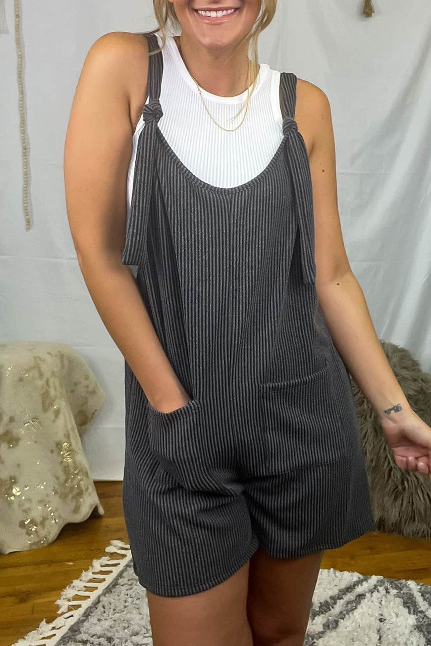 Dark Grey Striped Print Knotted Straps Pocketed Romper Dark Grey Striped Print Knotted Straps Pocketed Romper