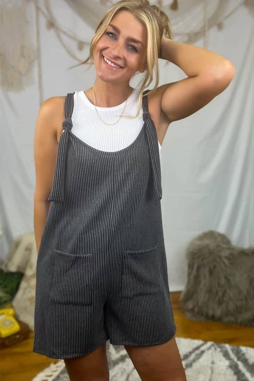 Dark Grey Striped Print Knotted Straps Pocketed Romper Dark Grey Striped Print Knotted Straps Pocketed Romper