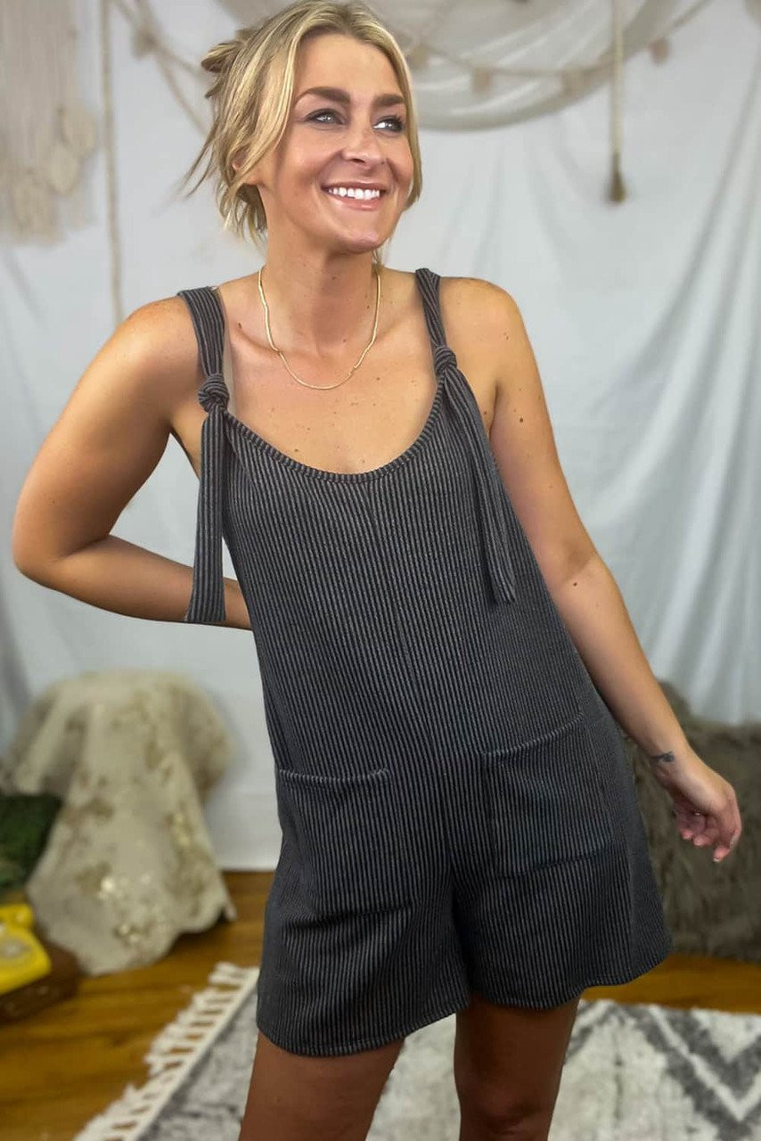 Dark Grey Striped Print Knotted Straps Pocketed Romper Dark Grey Striped Print Knotted Straps Pocketed Romper