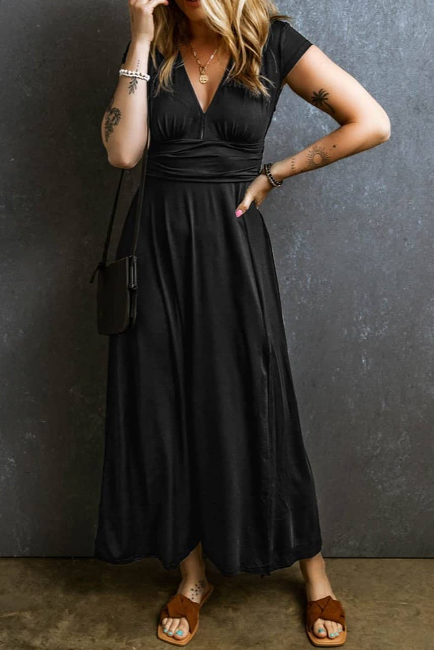 Black Short Sleeve Shirred High Waist V Neck Maxi Dress Black Short Sleeve Shirred High Waist V Neck Maxi Dress
