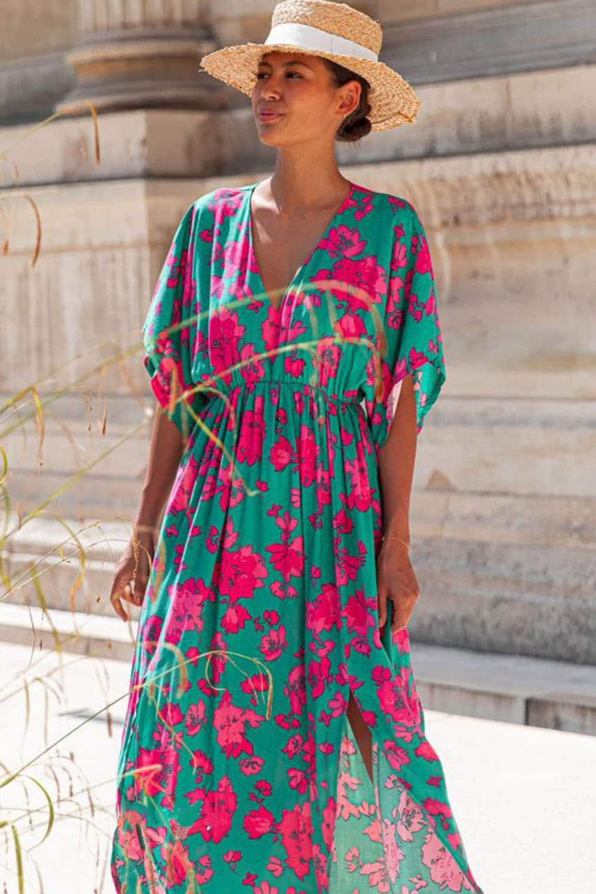 Sea Green Printed V Neck Short Sleeve Split Flared Maxi Dress