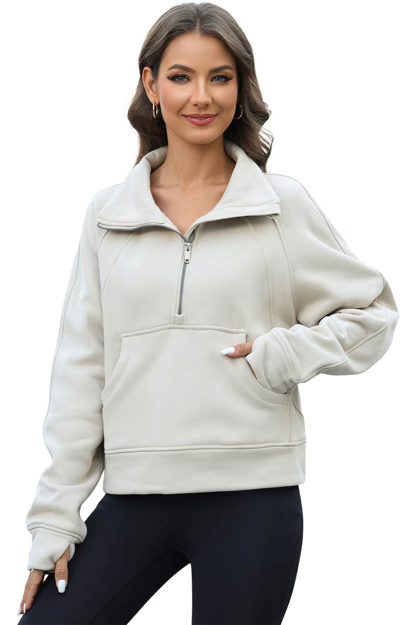 Apricot Half Zipper Kangaroo Pocket Sweatshirt