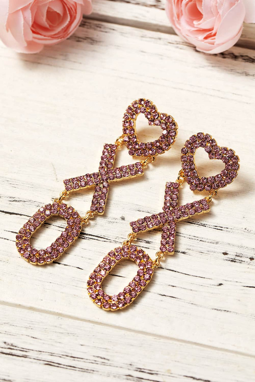 Bright Pink Valentine Heart XOXO Rhinestone Earrings