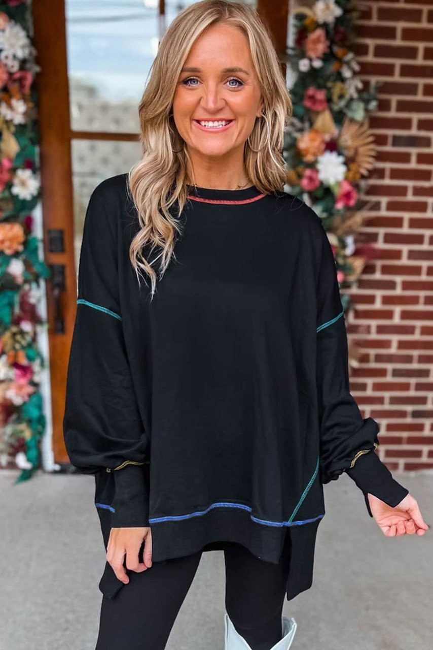 Black Contrast Stitching Split Baggy Sweatshirt