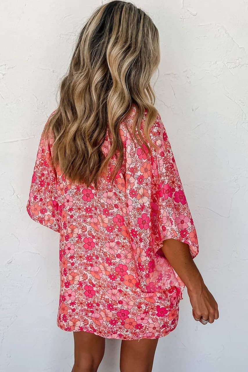 Pink Boho Floral V Neck Kimono Style Blouse Pink Boho Floral V Neck Kimono Style Blouse