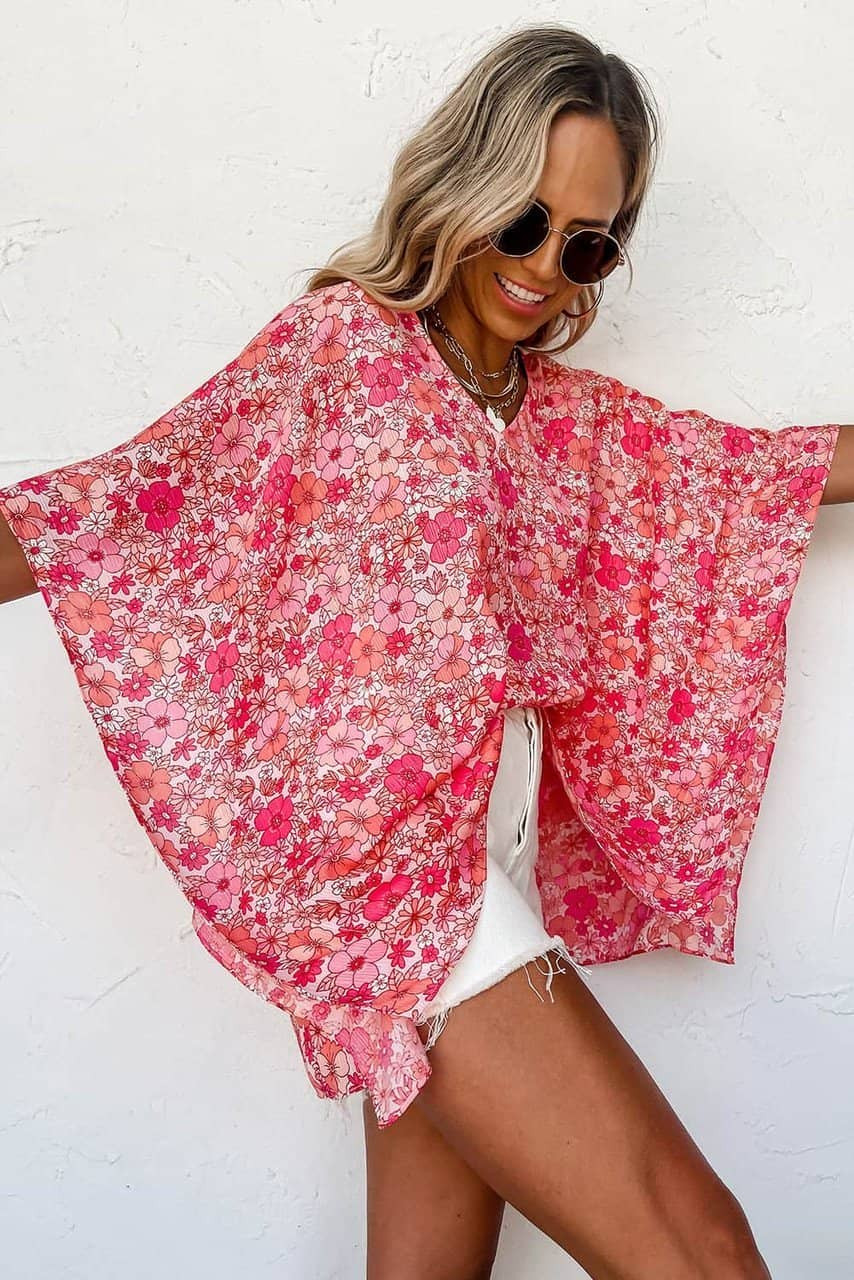 Pink Boho Floral V Neck Kimono Style Blouse Pink Boho Floral V Neck Kimono Style Blouse